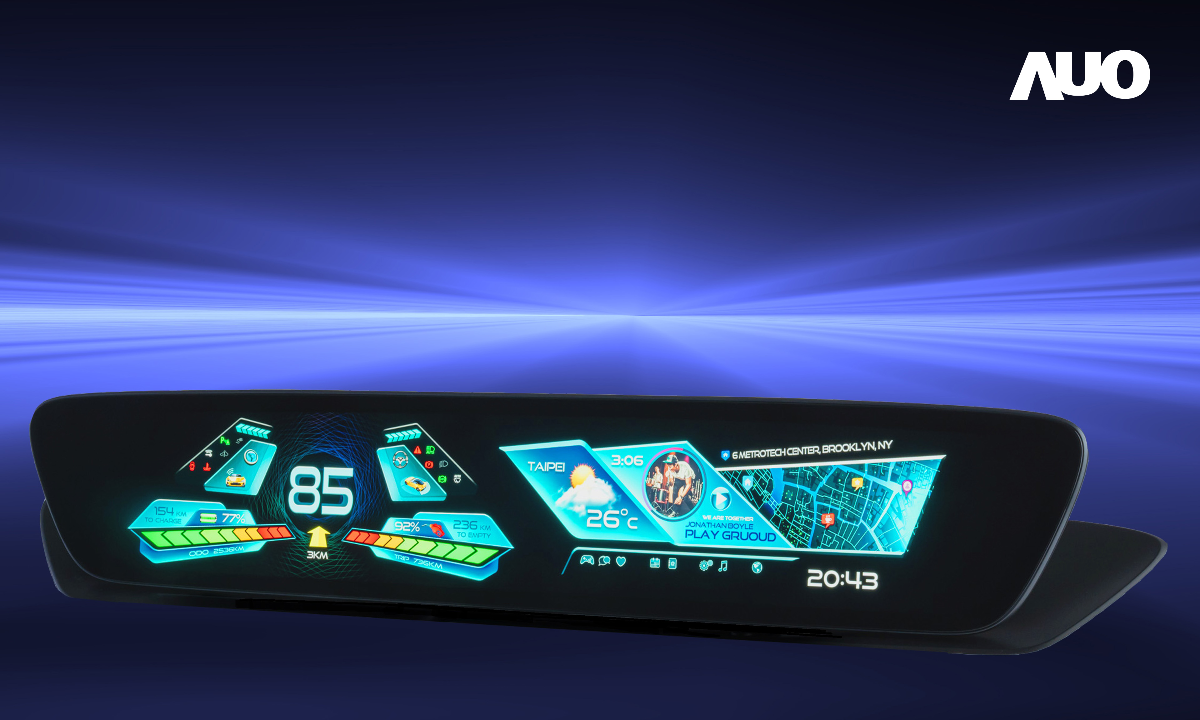 友達30.4吋異形曲面AmLED車載顯示系統，為一兼具儀表板及中控台人機介面的創新車載顯示系統，結合美學設計，提升車內科技沉浸感及使用體驗，讓車載顯示的未來應用更加多元化